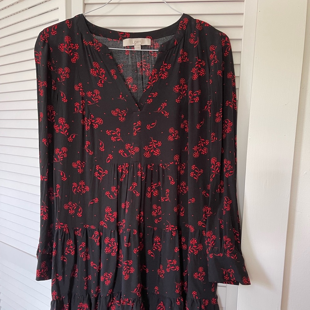 Loft Black and Red Midi Dress Size Small